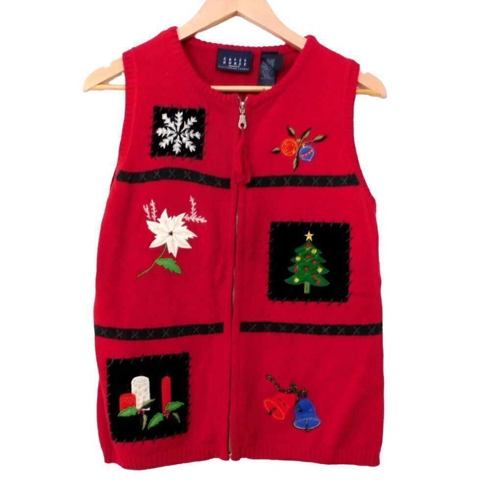 Womens Christmas Sweater Vest Embroidered Beaded Zip Velvet Size Small